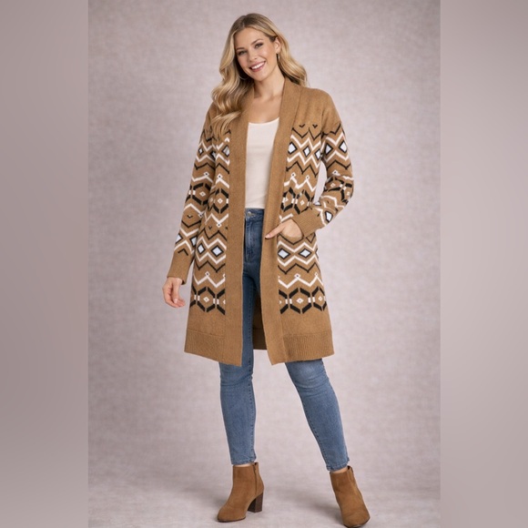 LOFT Sweaters - LOFT Camel and White Geometric Open-Front Cardigan
